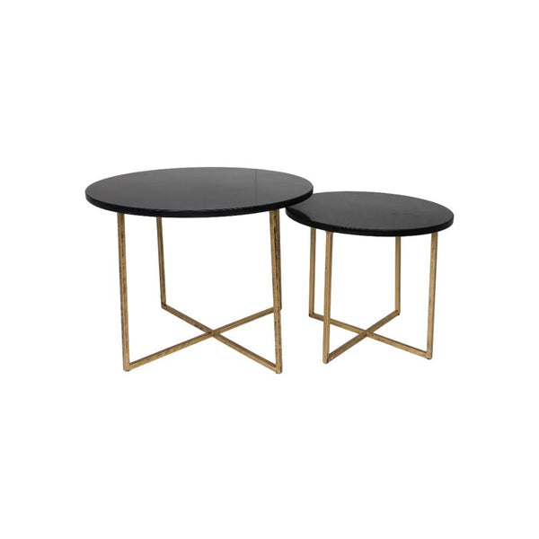 HSM Collection – Runder Beistelltisch, 2er-Set, ø61 x 45/ø 46 x 39, Schwarz/Gold, Marmor/Metall