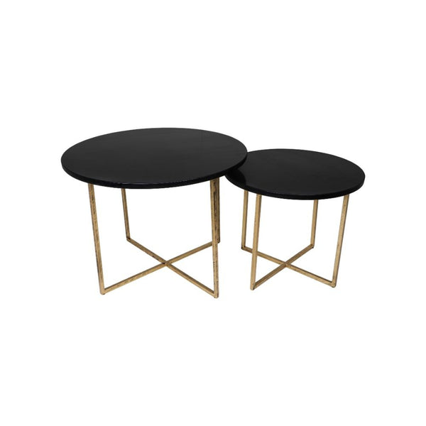 HSM Collection-Ronde Bijzettafel Set van 2 ø61x45/ø46x39-Zwart/Goud-Marmer/Metaal