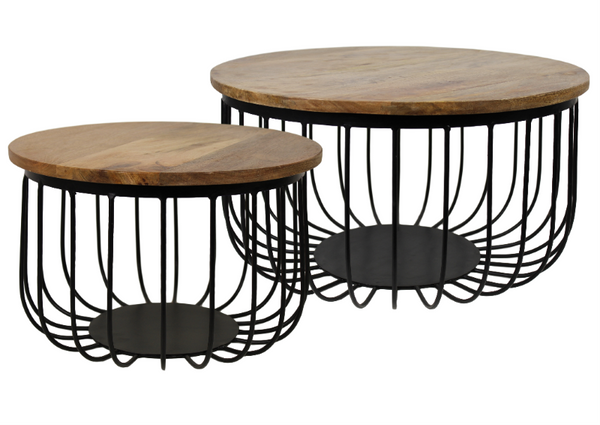 HSM Collection-Ronde Bijzettafel Maden Set van 2-ø60x33 / ø45x30-Naturel/Zwart-Mango/Metaal