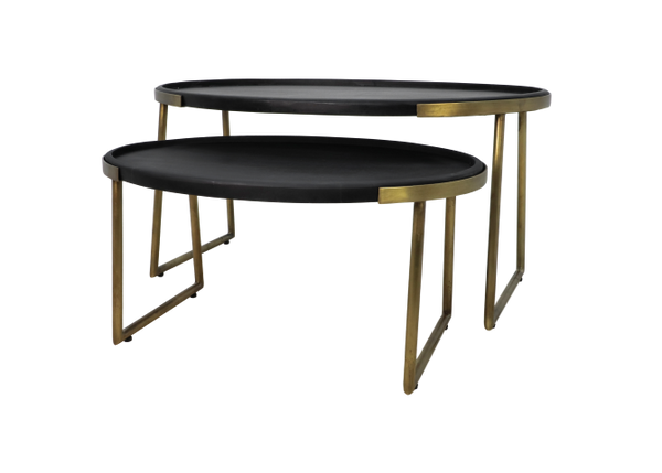 HSM Collection-Ovaler Couchtisch Paulson S/2-90x60x45/70x50x35-Schwarz/Gold-Mango/Metall