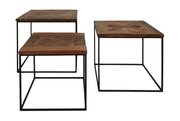 HSM Collection-Quadratischer Beistelltisch AustinS/3 -50x50x50 / 45x45x45 / 40x40x40-Braun/Schwarz-Teak/Meta